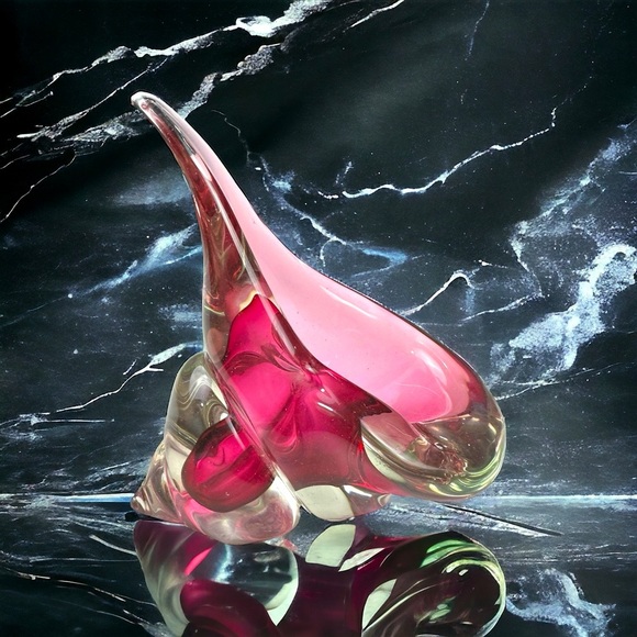 Vtg 1950s Alfredo Barbini Murano Italy Art Glass Cranberry Conch Shell Bowl 5”